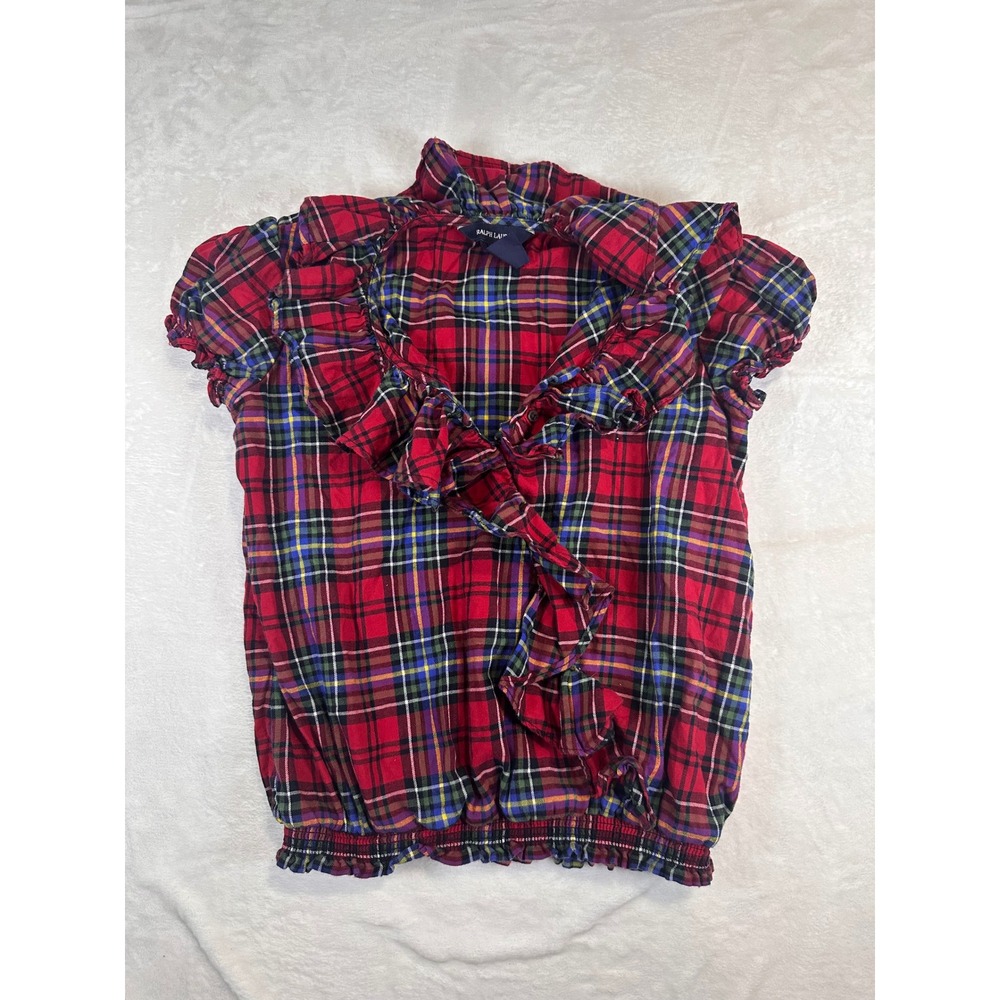 Ralph‎ Lauren Plaid Ruffle Blouse 12 Red Tartan Smocked Puff Sleeve Girls
